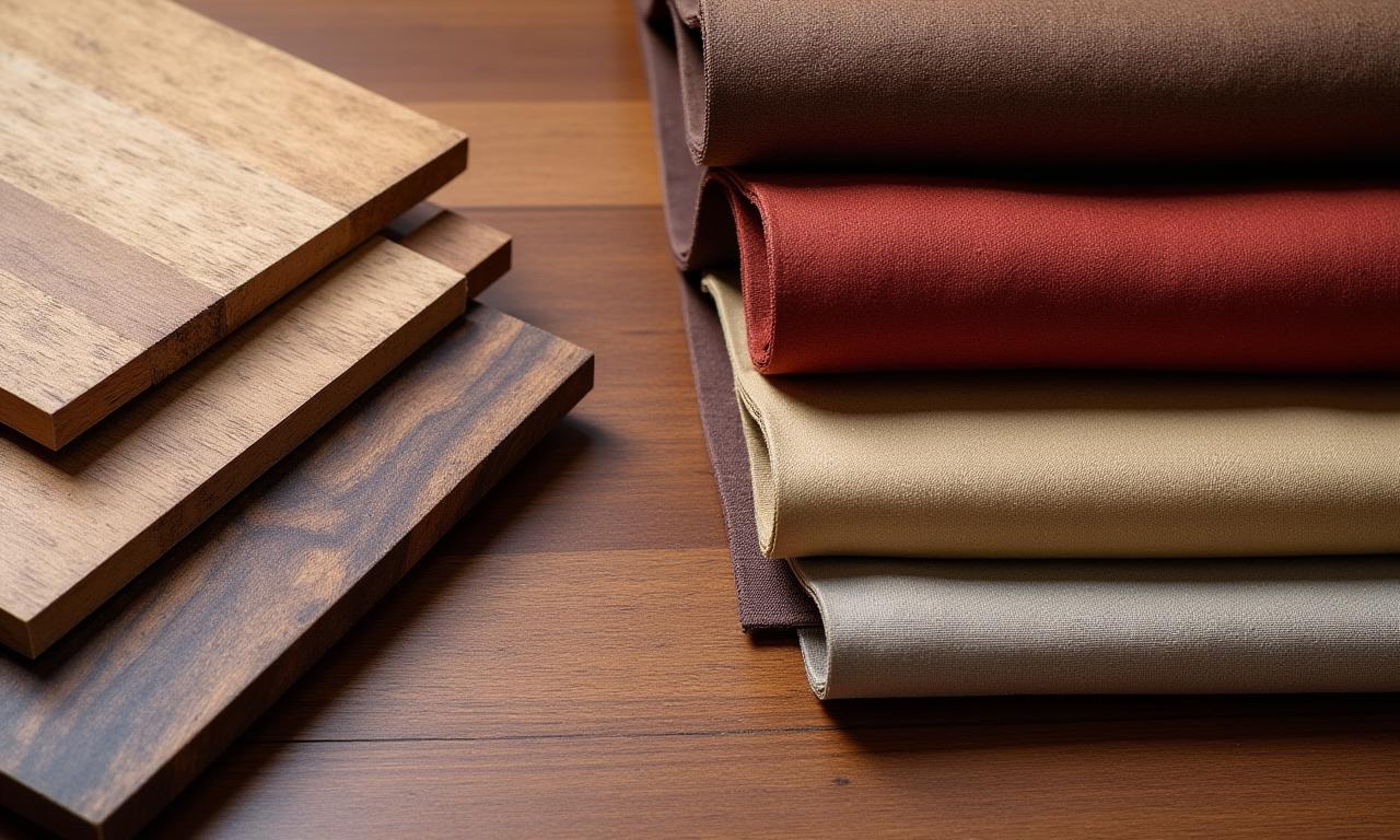 Assortiment de bois bruts, de tissus et de métaux pour la création de meubles.