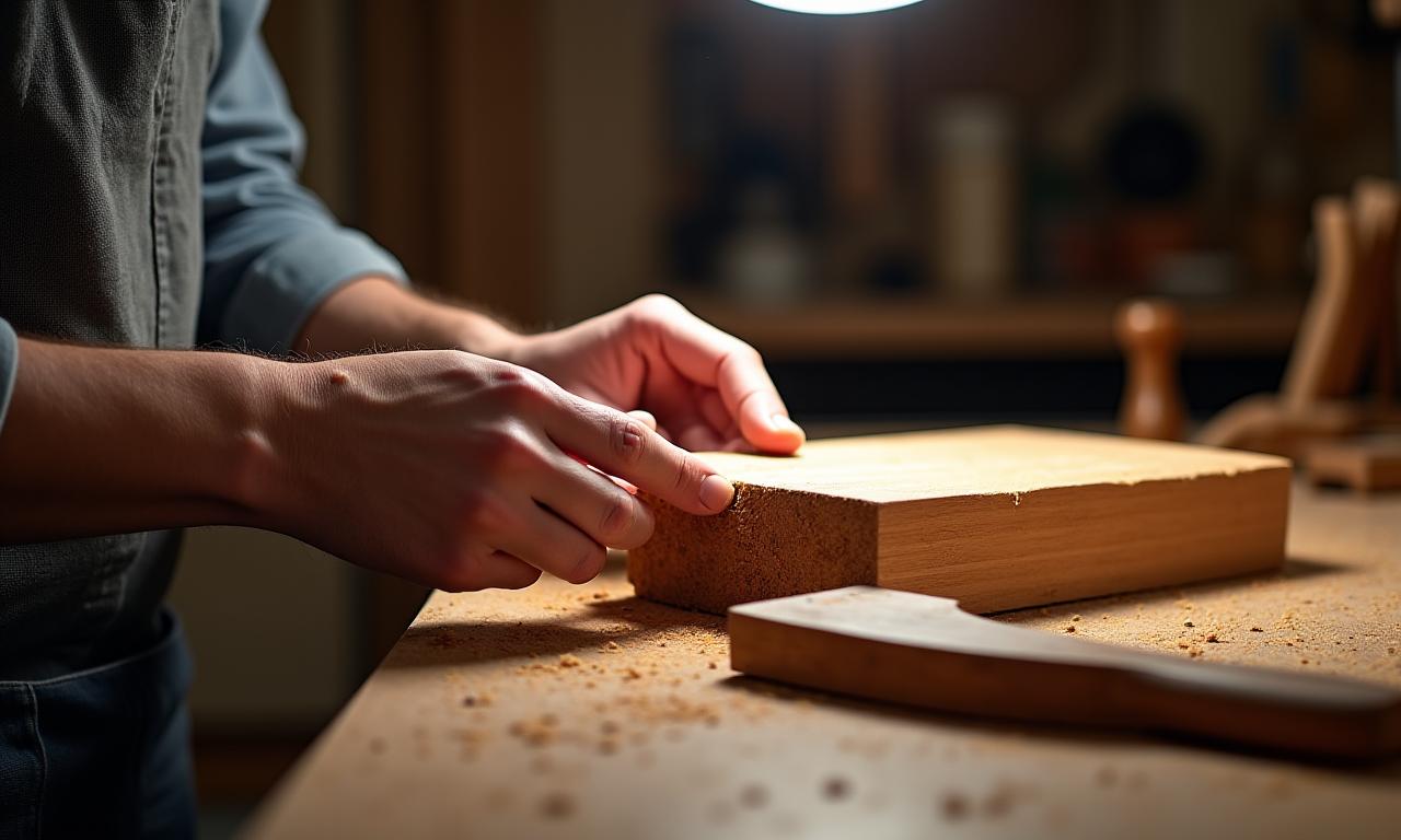 Artisan travaillant sur une pièce de mobilier en bois en cours de fabrication.