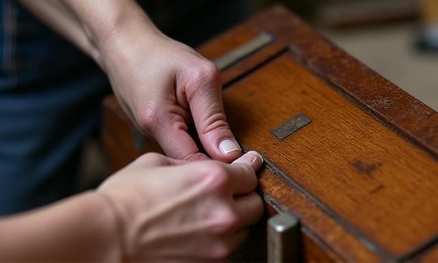 Mains d'artisan rénovant délicatement un meuble ancien, illustrant la restauration d'antiquités