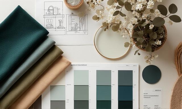 Échantillons de tissus et de couleurs sur une table de travail, symbolisant le conseil en style