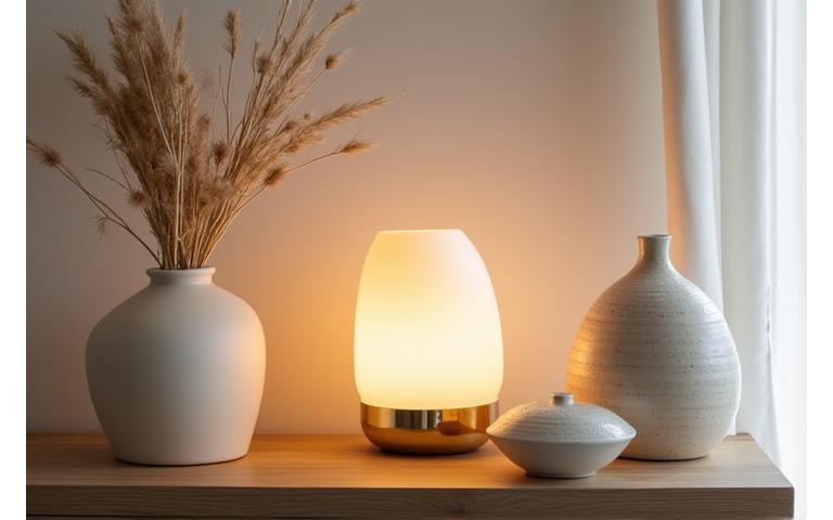 Collection d'objets décoratifs artisanaux, vases en céramique et luminaires subtils