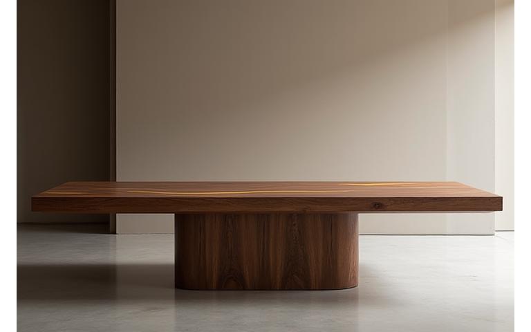 Table en bois massif élégante avec détails dorés, design moderne et intemporel